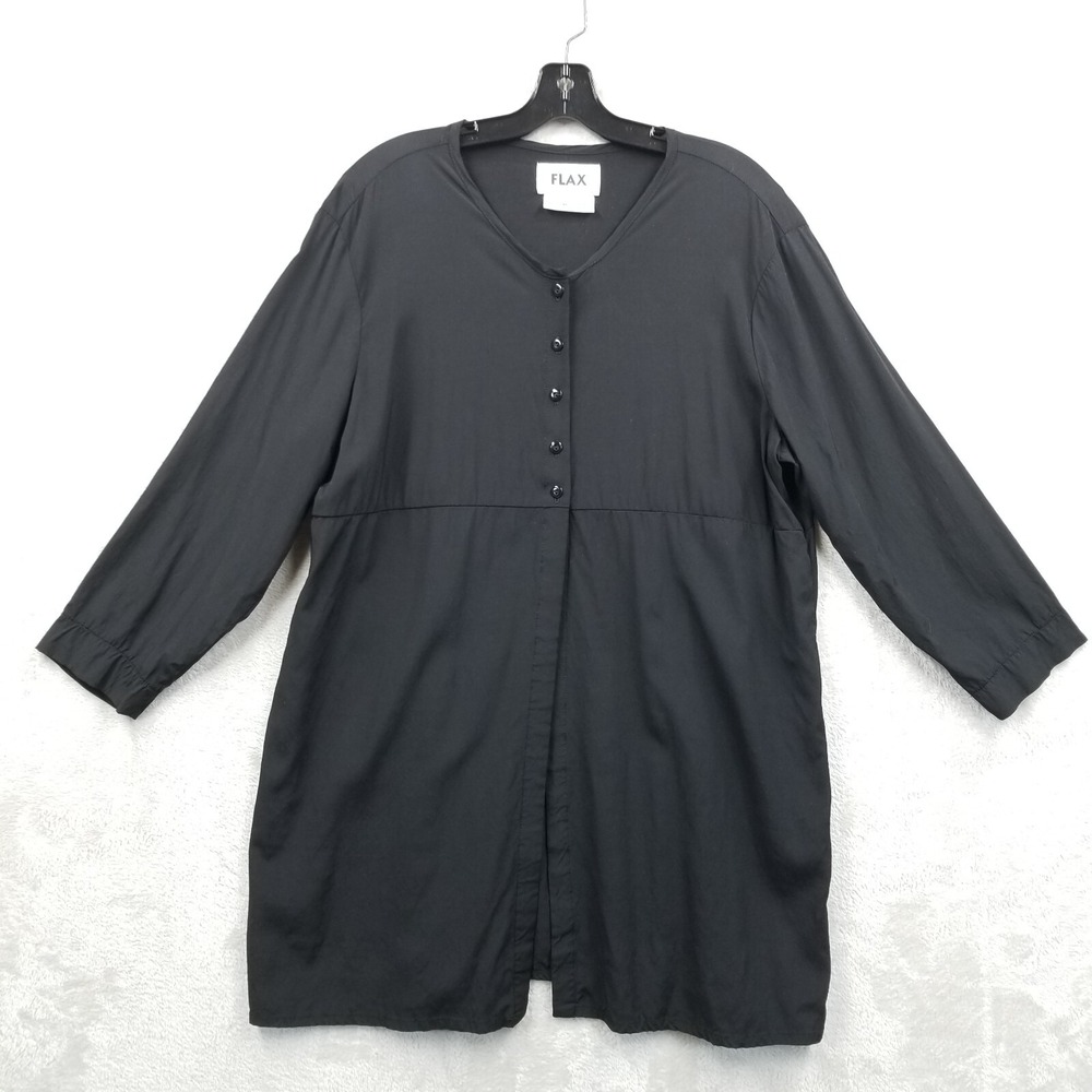 Flax Duster Women Medium Black Rayon Flowy Topper Jacket Long Sleeve‎ Lagenlook